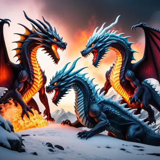 Prompt: an Ice dragon and a triple headed ice dragon fighting a quadruple headed fire dragon on top of a snowy mountain in a dark sunset