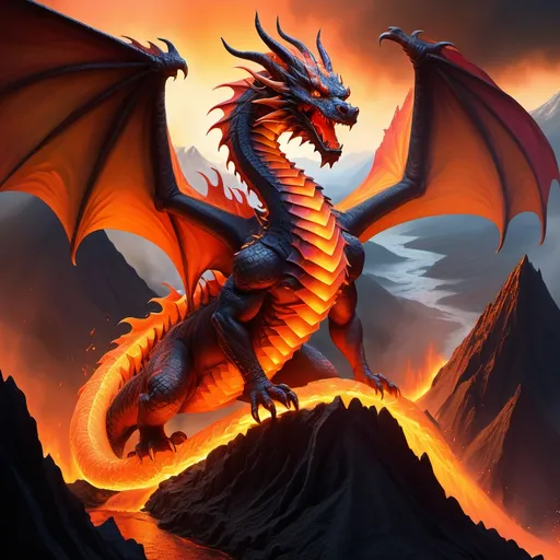 Prompt: (fire dragon), majestic creature perched atop a (volcano), fire scales shimmering with vibrant oranges and reds, winding fire rivers cascading down the slopes, (dramatic atmosphere) enhanced by deepening shadows, breathtaking detail capturing the essence of a (fantasy masterpiece), exquisite depth and allure in every element, roaring and (spraying fire) from its mouth, set against a stunning twilight sky, 4K, ultra-detailed, cinematic style.