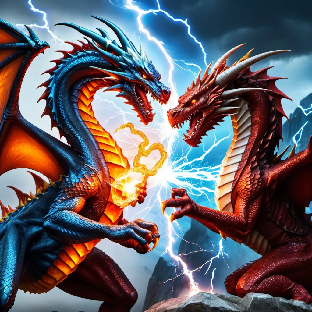 Prompt: fire/ice dragon fighting a lightning dragon