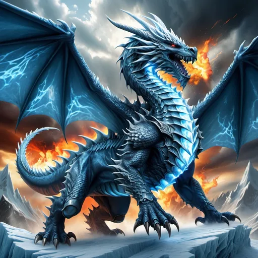 Prompt: (ice dragon with armor), soaring through a dramatic sky, intense battlefield below, ominous clouds swirling, icy blue tones contrasting with fiery explosions, warrior spirit, epic scale, detailed armor glistening, sharp claws extended, breathing icy breath, fantasy artwork, (ultra-detailed), capturing a moment of destruction, powerful ambiance, vibrant colors, showcasing chaos below, perfect for a high-fantasy scene.