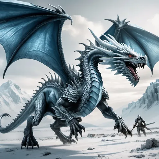 Prompt: ice dragon with armor on and flying over a battlefield