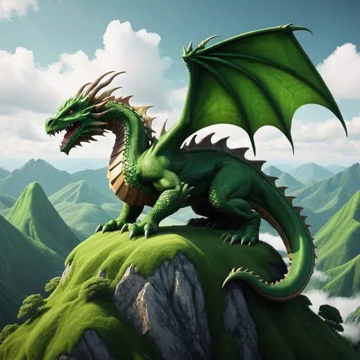 Prompt: earth dragon on top of a green mountain