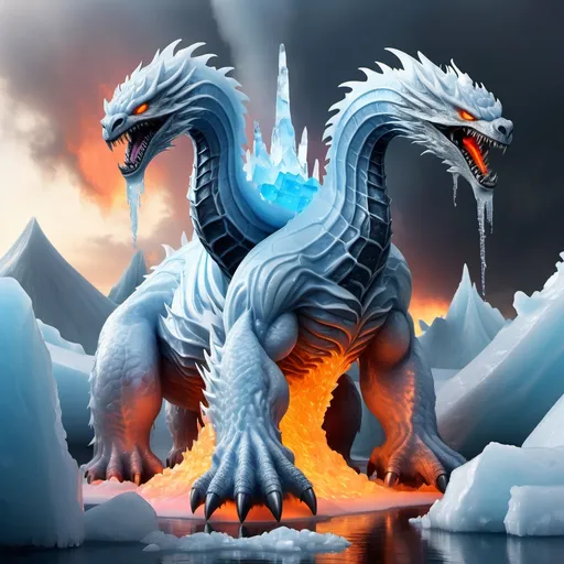 Prompt: ice/fire hydra on top of a ice volcano