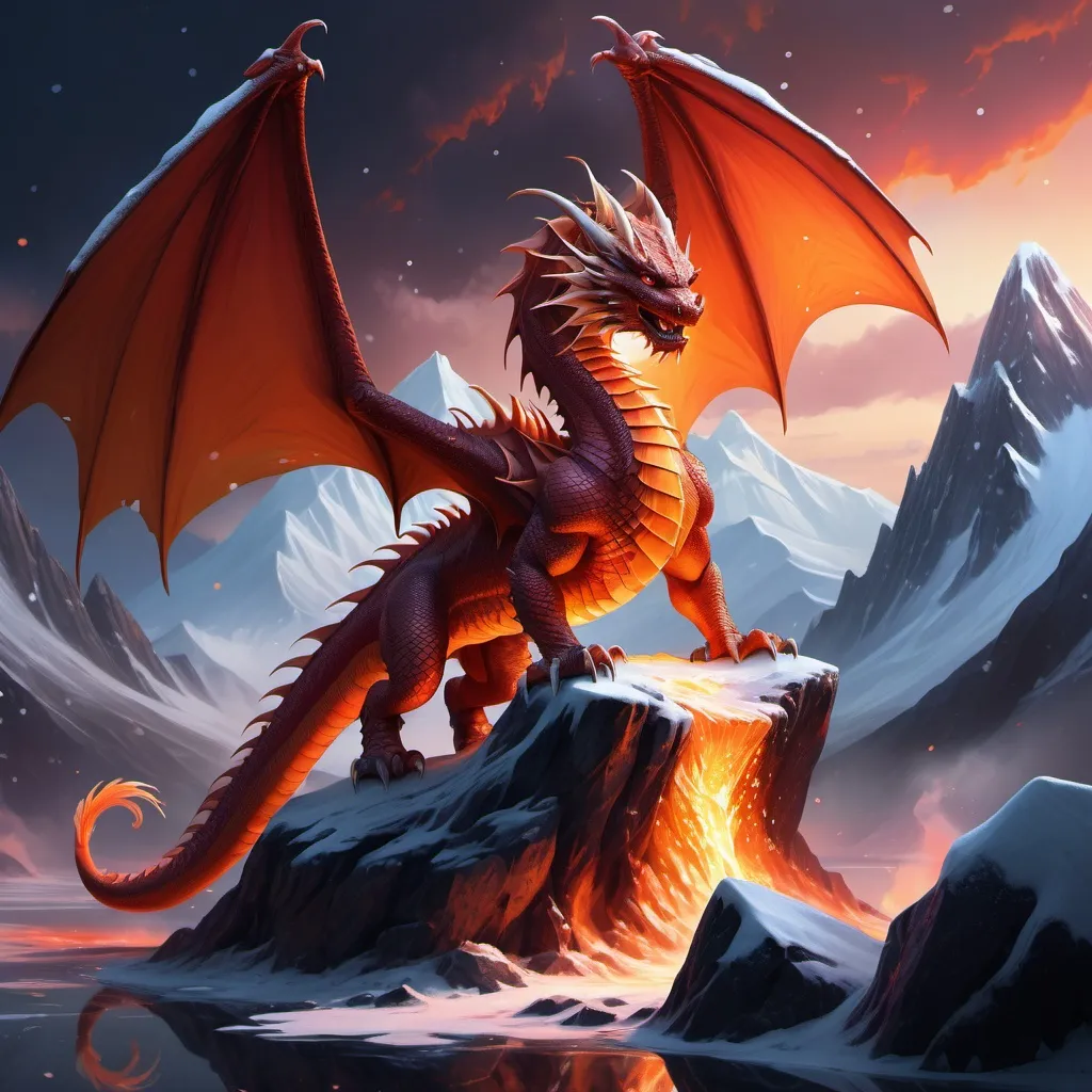 Prompt: (fire dragon), majestic creature perched atop a (volcano), fire scales shimmering, intricate armor glistening, frozen rivers winding down, (twilight sky) casting cool red and orange hues, (dramatic atmosphere) as shadows deepen, snowflakes gently falling, breathtaking detail, (highly detailed), (fantasy masterpiece), depth and allure in every element, serene yet powerful ambiance.