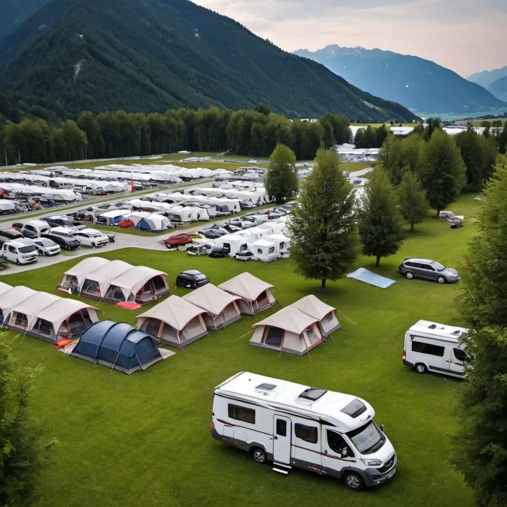 Prompt: tents and camping cars standing surrounded by nature in austria spielberg not far from red bull ring