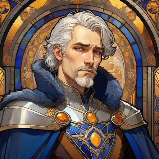 Prompt: Character design sheet man straight shoulder length silver hair arrogant amber eyes conceited expression wearing decorative steel breastplate with gold accents and royal blue fur lined cape,formal setting,stained glass background,elegant,villain character