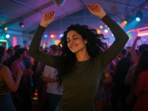 Prompt: @J0Qcj4ipeC2l1YgSUvbB Is dancing at a party, she is in the middle of a large crowd, her hands are up in the air as she's dancing. Her eyes are close and she has a smile on her face.
The lighting is dimmed, suitable for a rave in a hanger.
Colorful background of lights, people, and the rest of a party set.