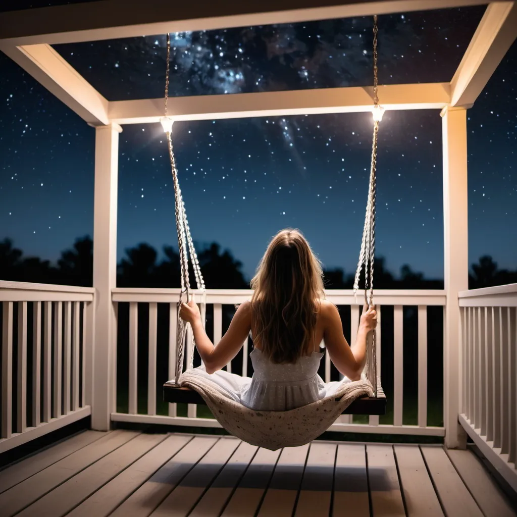 Prompt: A woman Sitting outside on a back patio in a porch swing her back facing back to us looking up at the night time clear sky. Stars so beautiful and bright.