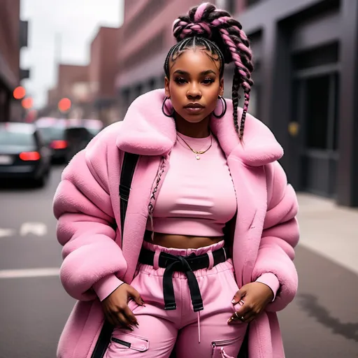 Prompt: a black women with brats adool feature wearing a big fluffy pink fur coat, BIG. With a bagggy army pant with belts and airfirce 1 sneakers her hair is in passion twists braids. in a ponytail