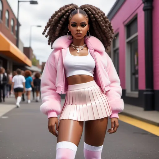 Prompt: Sure! Here’s a refined version of the description:

"A realistic depiction of a black woman with caramel skin, styled with an exaggerated Bratz doll-inspired aesthetic. She wears a pleated white mini skirt, white Air Force 1 sneakers, ankle socks, a fitted white crop top, and colorful waist beads. She accessorizes with a pink  fur jacket and fluffy pink earmuffs, while her hair is a full, natural afro. She strikes a playful pose, with one hand on her hip and the other gently touching her earmuff. Her expression is cute and curious, as she blows a bubblegum bubble."

Let me know if this works or if you'd like more adjustments!

Can you make a picture of this