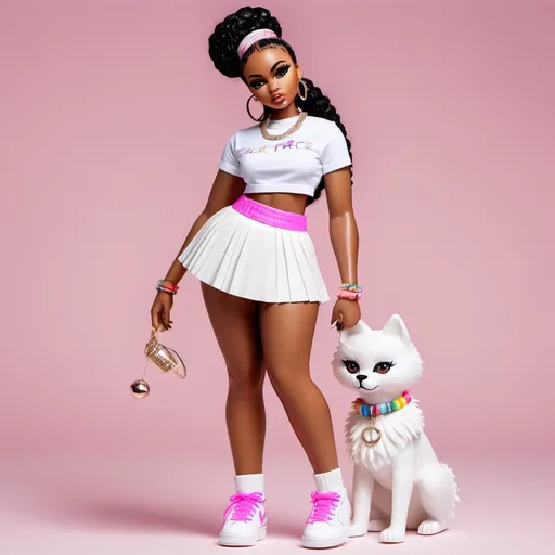 Prompt: Sure! Here’s a refined version of the description:

"A realistic depiction of a black woman with caramel skin, styled with an exaggerated Bratz doll-inspired aesthetic. She wears a pleated white mini skirt, white Air Force 1 sneakers, ankle socks, a fitted white crop top, and colorful waist beads. She accessorizes with a pink faux fur jacket and fluffy pink earmuffs, while her hair is a full, natural afro. She strikes a playful pose, with one hand on her hip and the other gently touching her earmuff. Her expression is cute and curious, as she blows a bubblegum bubble."

Let me know if this works or if you'd like more adjustments!

Can you make a picture of this