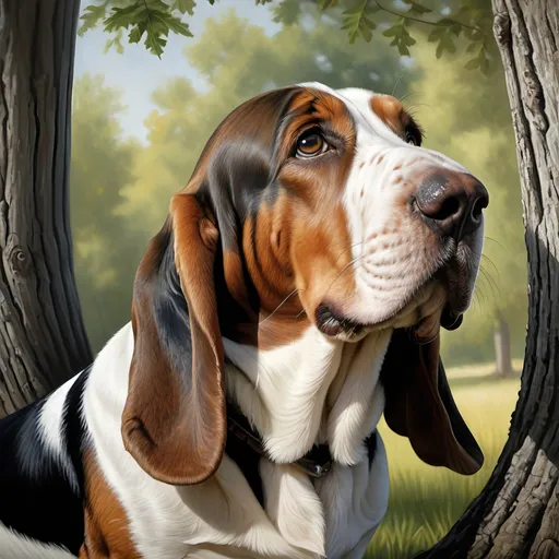 Prompt: Hyper-realistic painting of a basset hound, old oak tree, detailed facial features, realistic rendering, natural lighting, lifelike textures, high-res, realism, detailed tree bark, serene atmosphere, subtle shadows, lifelike expression, high-quality art, realistic style, tranquil mood, authentic colors, peaceful setting