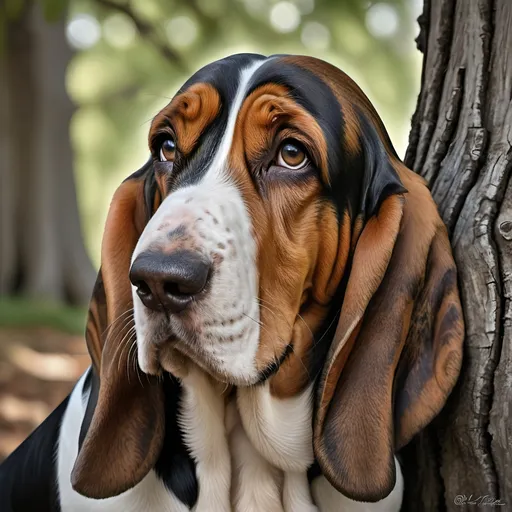 Prompt: Hyper-realistic painting of a basset hound, old oak tree, detailed facial features, realistic rendering, natural lighting, lifelike textures, high-res, realism, detailed tree bark, serene atmosphere, subtle shadows, lifelike expression, high-quality art, realistic style, tranquil mood, authentic colors, peaceful setting