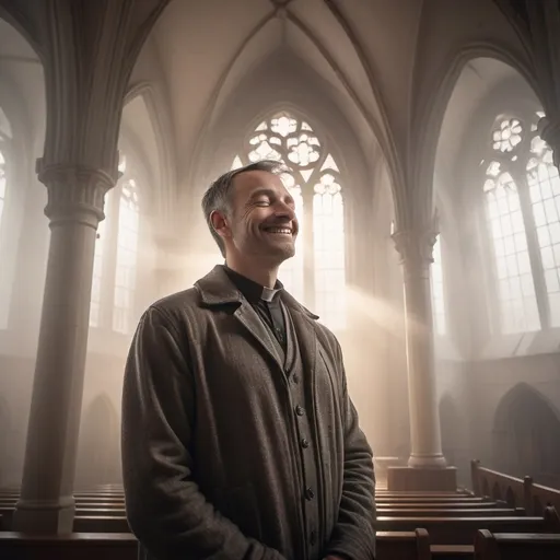 Prompt: far away picture of a smiling man with closed eyes standing in front of a church area very foggy