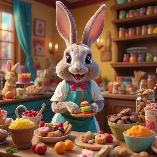 Prompt: A joyful rabbit wearing an apron, surrounded by a diverse array of treats, (playful atmosphere), vibrant colors, rich textures, warm lighting, showcasing an assortment of snacks and desserts, cheerful expressions, ultra-detailed, whimsical scene, (4K), conveying a sense of happiness and delight in a cozy setting.