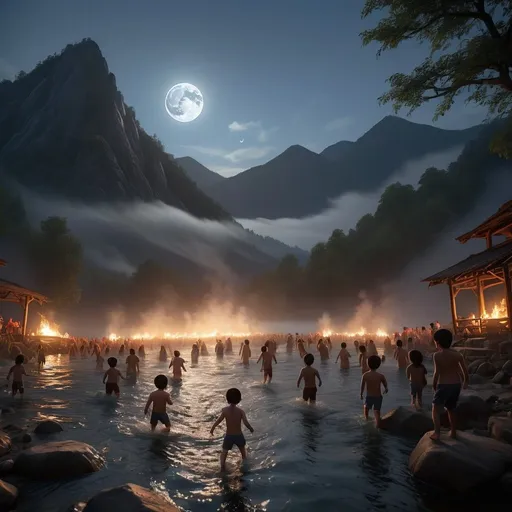 Prompt:  Water with background misty mountain thousand children's crowd fire running backside night mood with moon light wide angle frame, misty backlight
high quality, unreal engine