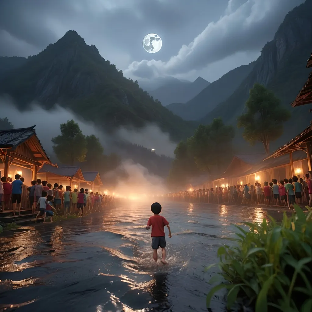 Prompt:  Water with background misty mountain thousand children's crowd rainning ten thousand people fire running backside night mood with moon light wide angle frame, misty backlight
high quality, unreal engine