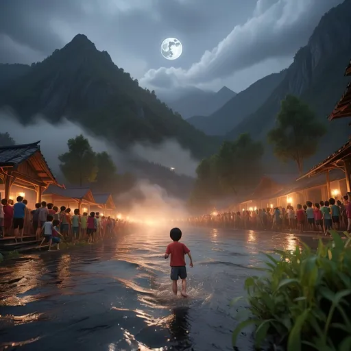 Prompt:  Water with background misty mountain thousand children's crowd rainning ten thousand people fire running backside night mood with moon light wide angle frame, misty backlight
high quality, unreal engine