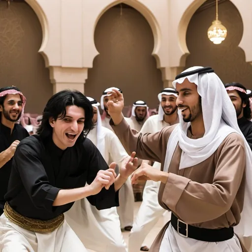 Prompt: an American man with black hair and white skin trying to dance the traditional saudi dance (alardah)  with other saudi men who are brown and wear (غطرة وعجال)