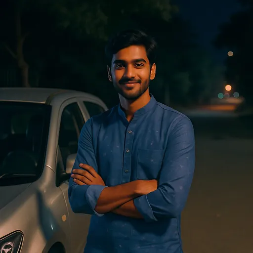 Prompt: Bathed in the soft glow of nighttime, a young man stands confidently beside a silver car, embodying a relaxed yet poised demeanor. Dressed in a traditional blue kurta adorned with subtle patterns, he crosses his arms and offers a subtle, engaging smile that suggests a moment of casual conversation. The background features dimly lit trees and distant streetlights, hinting at an urban setting where a quiet road lines the foreground. The scene, characterized by its cool color palette and ambient light, conveys a sense of tranquility and reflects a moment of leisure at night, inviting viewers to imagine the stories unfolding around him.