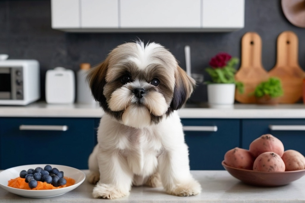 Prompt: An adorable shi tzu breed of dog is in a nicely designed kitchen standing behind an island counter with his paws on the counter looking at the camera. On the counter are 3 plates. One plate contains blueberries, the second plate contains an unpeeled sweet potato, and the third plate has a salmon filet on it.  The background is out of focus. 