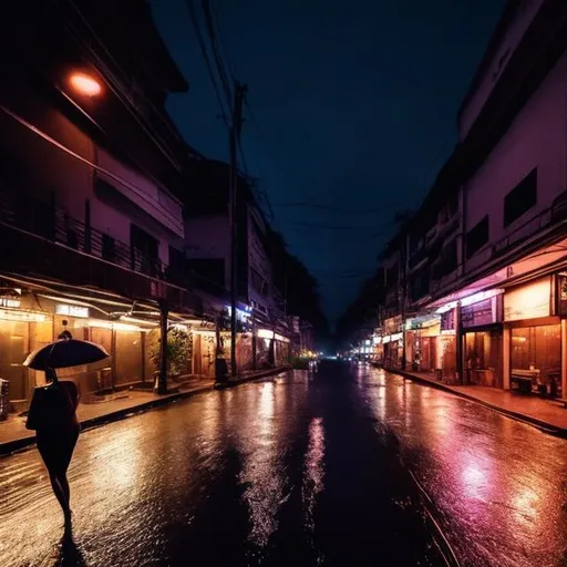 Prompt: i made a lofi playlist with the sound of rain in it. and its a vibe. I want an image that looks like night walk in bangkok or a park or something. 