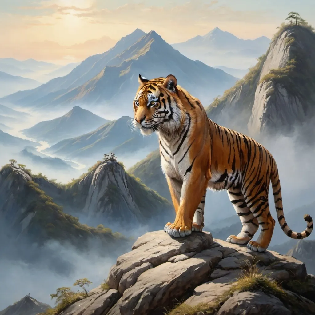 Prompt: painting of a tiger on top of a tall mountain
