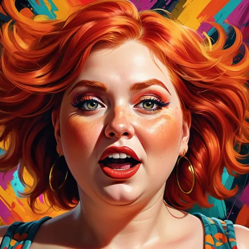 Prompt: (plump woman with a shock of red hair), vivid colors, high contrast lighting, cheerful and lively atmosphere, detailed facial features and expression, dynamic pose, vibrant and energetic background with abstract patterns, whimsical and artistic elements, ultra-detailed, 4K quality, stunning visual depth, digital art masterpiece.