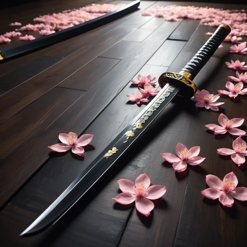 Prompt: Samurai long katana with black blade, gold lining, sakura leaves on the floor, game-rpg style, high quality, fantasy, intricate details, traditional, sakura leaves, atmospheric lighting