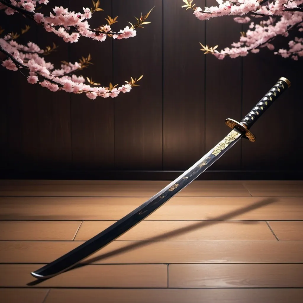 Prompt: Samurai long katana with black blade, gold lining, sakura leaves on the floor, game-rpg style, high quality, fantasy, intricate details, traditional, sakura leaves, atmospheric lighting