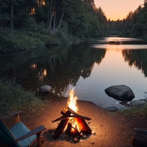 Prompt: Point of view style, sitting next to campfire at dusk with a river and tent  next to it