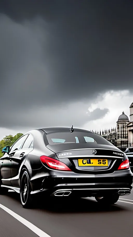 Prompt: Back of Mercedes cls amg full black in London in bridge with cloud weather without numberplate and logo of Mercedes in center of the Rear trunk and clean trunck 