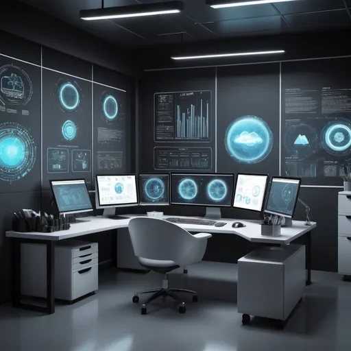 Prompt: realistic sci-fi working station in data science and cloud technology office