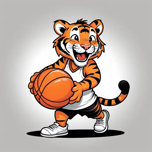 Prompt: illustrative cartoon tiger playing basketball, with bright orange and black, smiling