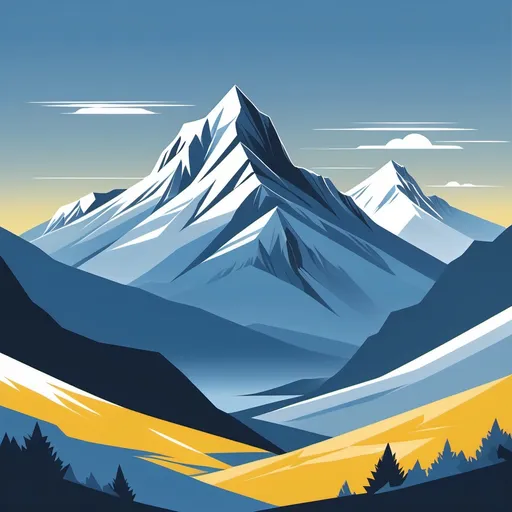 Prompt: a vector art style of a large mountain in the foreground and a smaller mountain in the background with landscape.  colour theme blues, yellow, and white