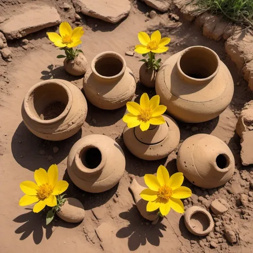 Prompt: Broken Pieces of five ancient  earthen vessels, are scattered on the ground. In them and between them grow beautiful yellow flowers of different shapes and sizes