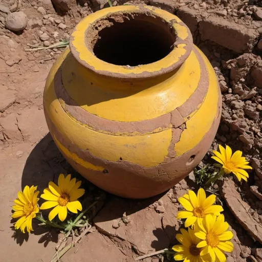 Prompt: Broken antick earthen vessel. from them and between them grow yellow bright flower all kind of shapes and sizes