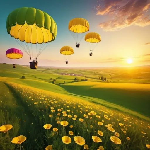 Prompt: Sunset over green meadows, colorful parachutes resembling big yellow flowers floating in the air, vibrant and warm tones, high quality, detailed landscape, dreamlike, surreal, soft lighting