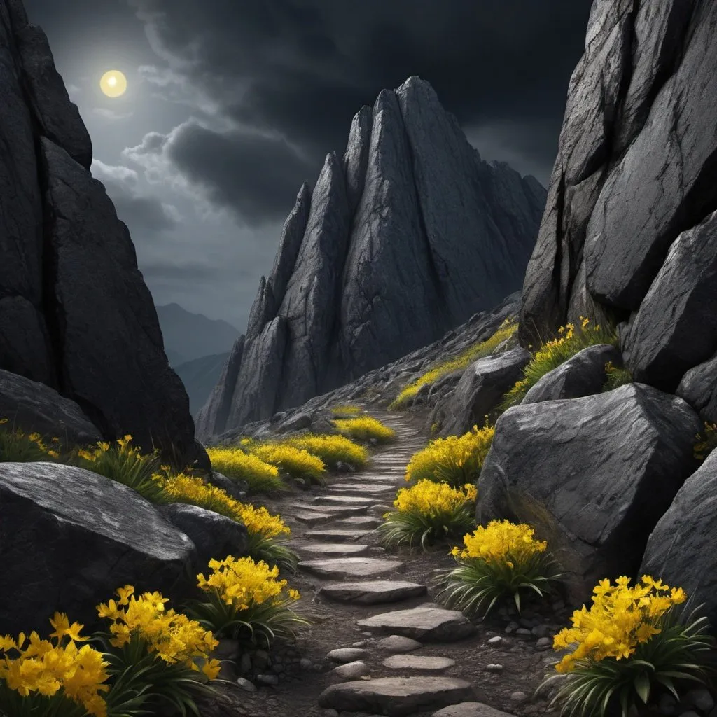 Prompt: Towering dark rocky mountain, narrow path from hill bottom to top, bright yellow flowers on path., dark black sky, detailed rock texture, realistic, rocky terrain, atmospheric, highres, detailed, realistic, lighting , dark black sky, detailed rock texture, realistic, rocky terrain, atmospheric, highres, detailed, realistic, lighting