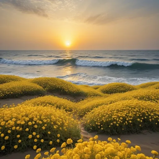 Prompt: a wide sea, sun set, 120 yellow flowers are riding  filling the sea riding on the waves
