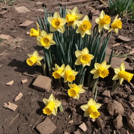 Prompt: Broken archeological earthenware scattered on the ground, yellow beautiful daffodils  are popping from and between them