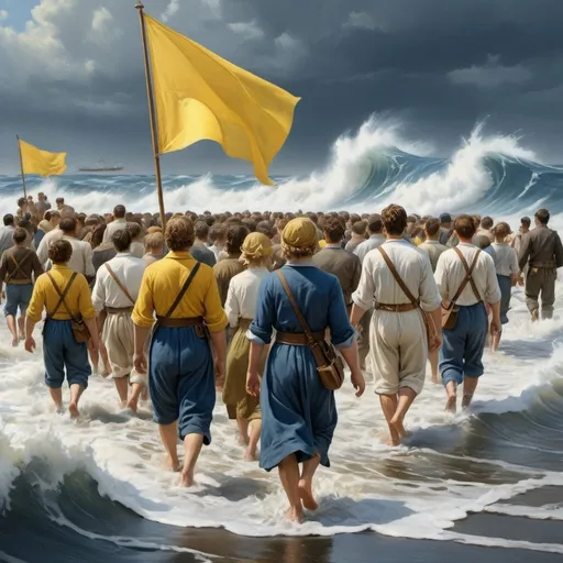 Prompt: a crowd of men  women, children, some holding babies, crossing the sea by foot, walking in the middle between high scary waves. they are barefoot, we see them from the back, dressed in blue and white, holding big yellow flags,  realistic digital painting, historical reenactment, detailed waves, dramatic lighting, high quality, realistic, historical, blue and white clothing, yellow flags,
