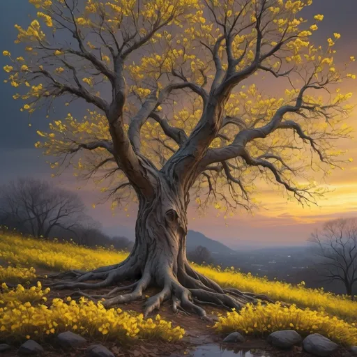 Prompt: (tree in foliage, branches with no leaves, vibrant yellow flowers, cascading down, accumulating on the ground, (dramatic sky), ethereal atmosphere, twilight hues, soothing colors, tranquil scene, detailed texture of bark, 4K, ultra-detailed, nature artwork, serene and peaceful ambiance)