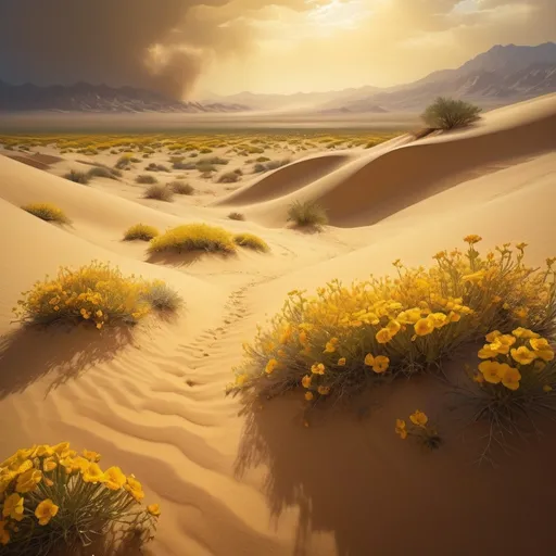 Prompt: Sandstorm swirling around clusters of vibrant yellow flowers, desert landscape, intense natural turbulence, high quality, realistic, warm tones, impressionist, swirling sand, dynamic composition, vivid colors, detailed petals, arid environment, atmospheric lighting