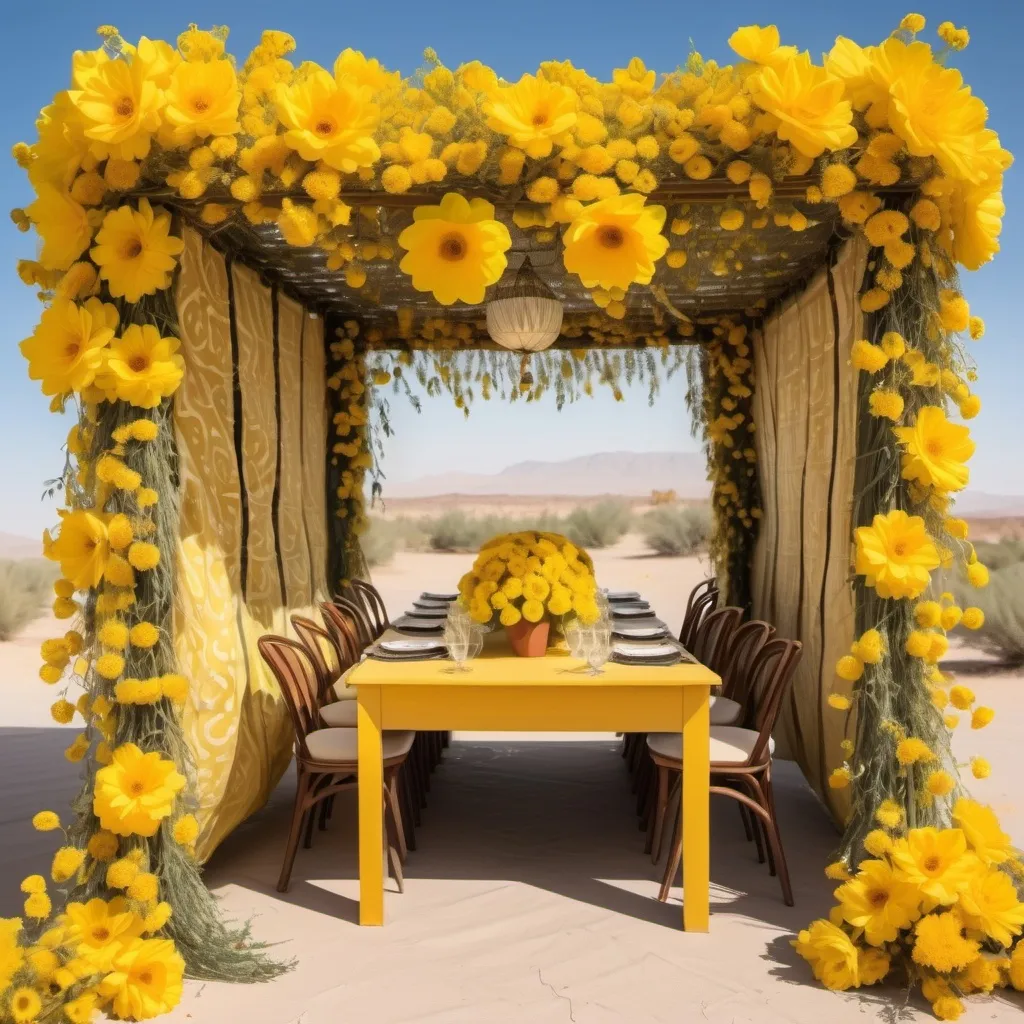 Prompt: a Jewish sukkah in the desert filled with yellow bright floweres