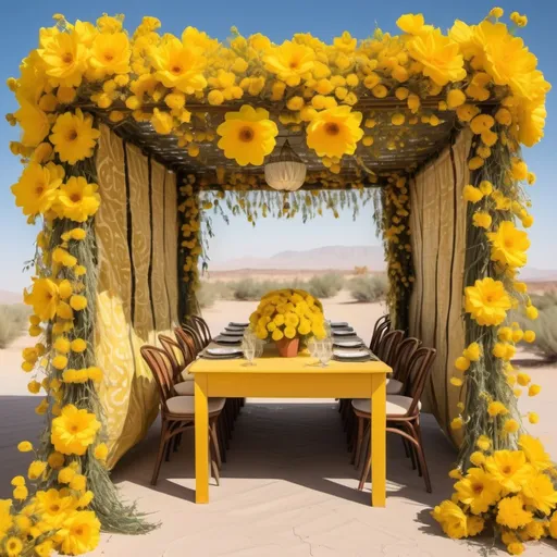 Prompt: a Jewish sukkah in the desert filled with yellow bright floweres