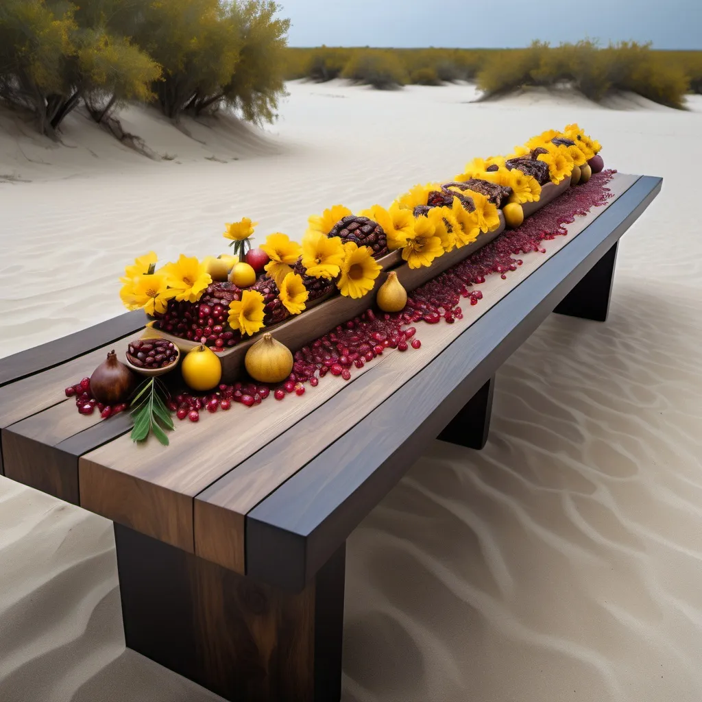 Prompt: a long wood table, stands on sand, dark sky, on the table pomegranates and dates decorated with bright yellow flowers