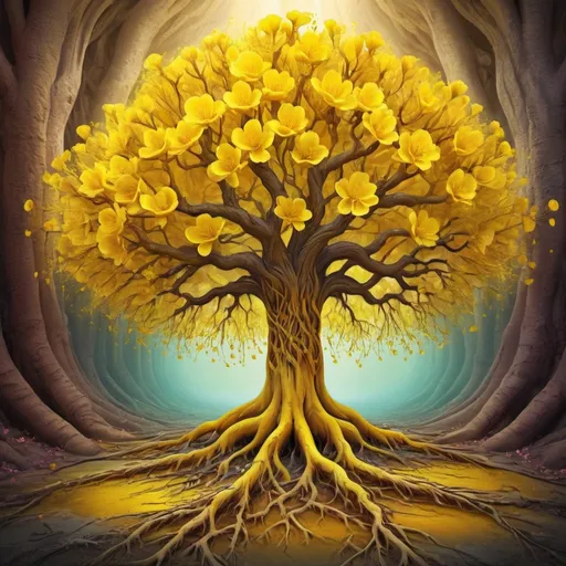 Prompt: Surreal digital painting of a vibrant yellow blossom tree, colorful underground roots, high quality, surrealism, vibrant colors, detailed petals, intricate roots, digital art, dreamy atmosphere, warm lighting, yellow tones, colorful roots, beautiful and intricate