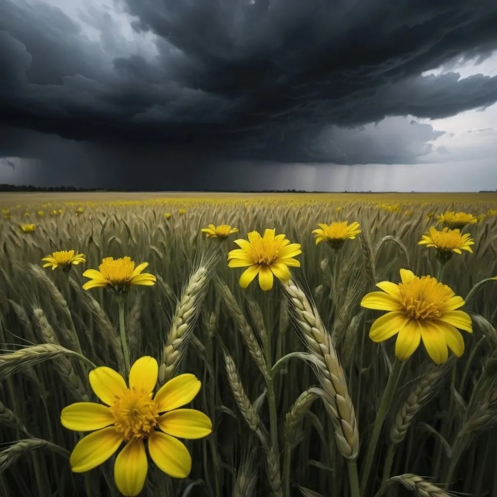 Prompt: a dark day, scary clouded black sky, 13 yellow bright flowers grow in the midst of a wheat field