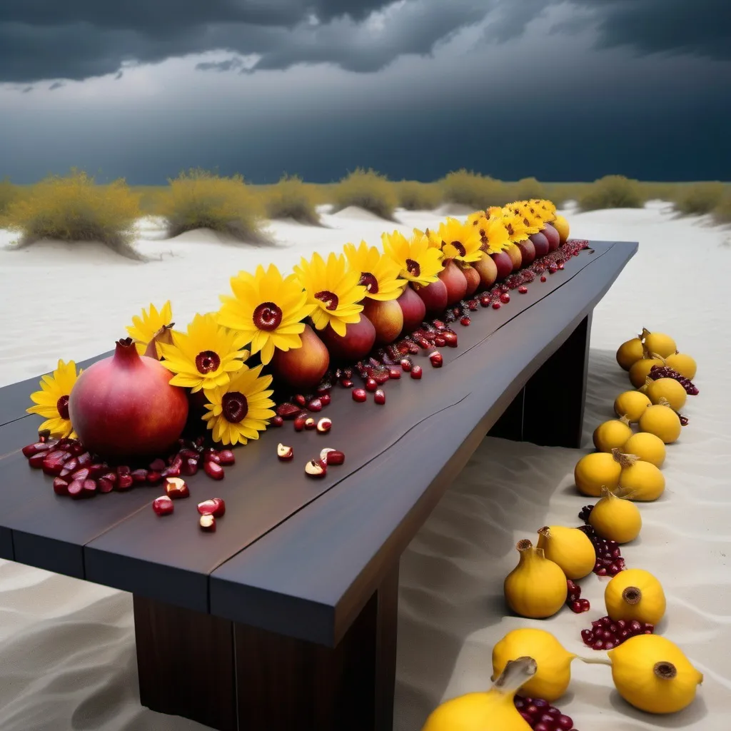 Prompt: a long wood table, stands on sand, dark sky, on the table pomegranates and dates decorated with bright yellow flowers